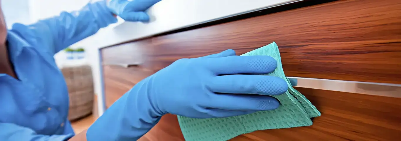 Cleaner wearing blue gloves wiping a wooden cabinet drawer with a microfiber cloth for dust and grime removal, Little Rock, AR.