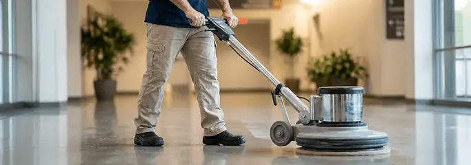 Professional technician using an industrial floor buffer to polish and maintain shiny commercial flooring in a corporate hallway in Little Rock, AR.