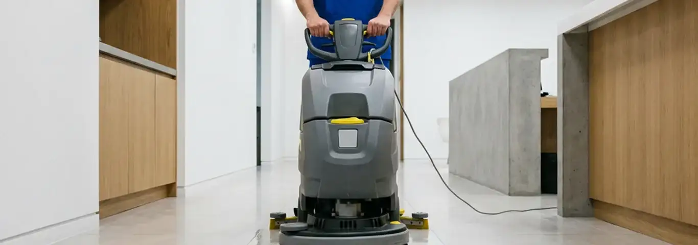 Janitorial staff using a floor scrubber machine to clean a commercial hallway, Little Rock, AR.