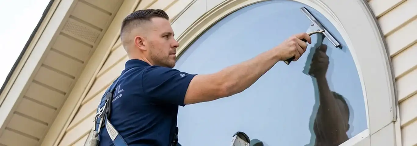 Professional window cleaner using a squeegee to clean an exterior arched window on a home, Little Rock, AR.
