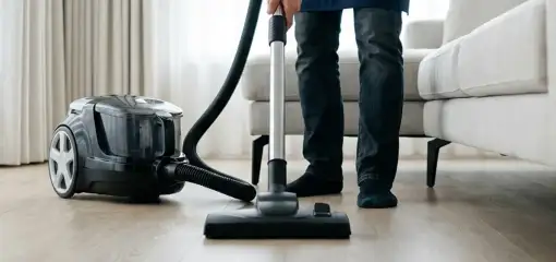 Professional house cleaner vacuuming a living room floor with a canister vacuum cleaner, Little Rock, AR.