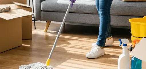 Move-out cleaning setup with a cleaner mopping hardwood floors near moving boxes and cleaning supplies, Little Rock, AR.