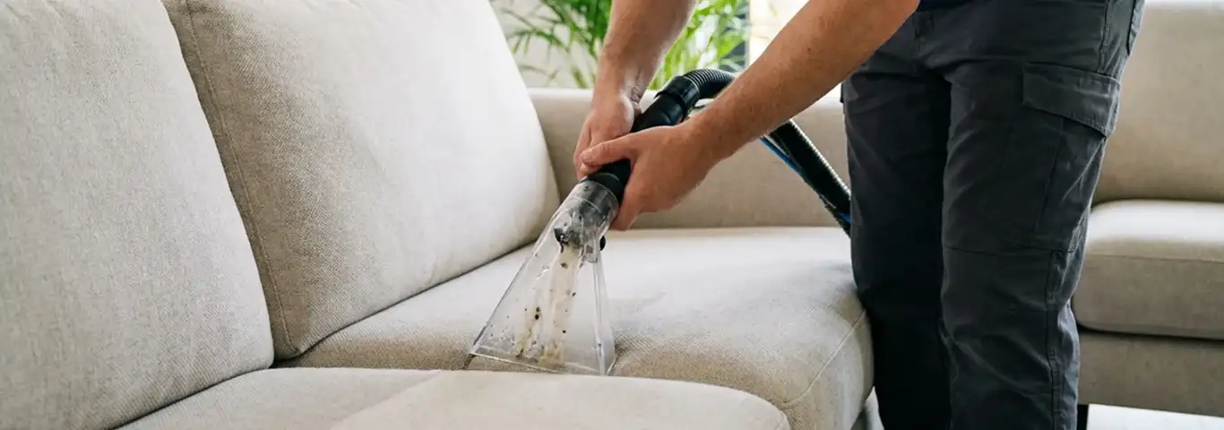 Technician extracting dirt and moisture from a fabric sofa with an upholstery cleaning wand, Little Rock, AR.