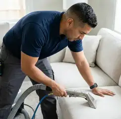 Professional upholstery cleaning technician using an extraction wand to deep-clean a fabric sofa, Little Rock, AR.