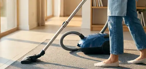 Person vacuuming a living room rug with a canister vacuum cleaner near large windows, Little Rock, AR.